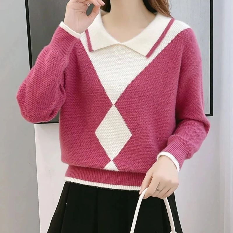 

Temperament Office Lady Autumn Sweaters Women Lapel Contrast Color Patchwork Fashion Long Sleeve Loose Pullovers Knitted Tops