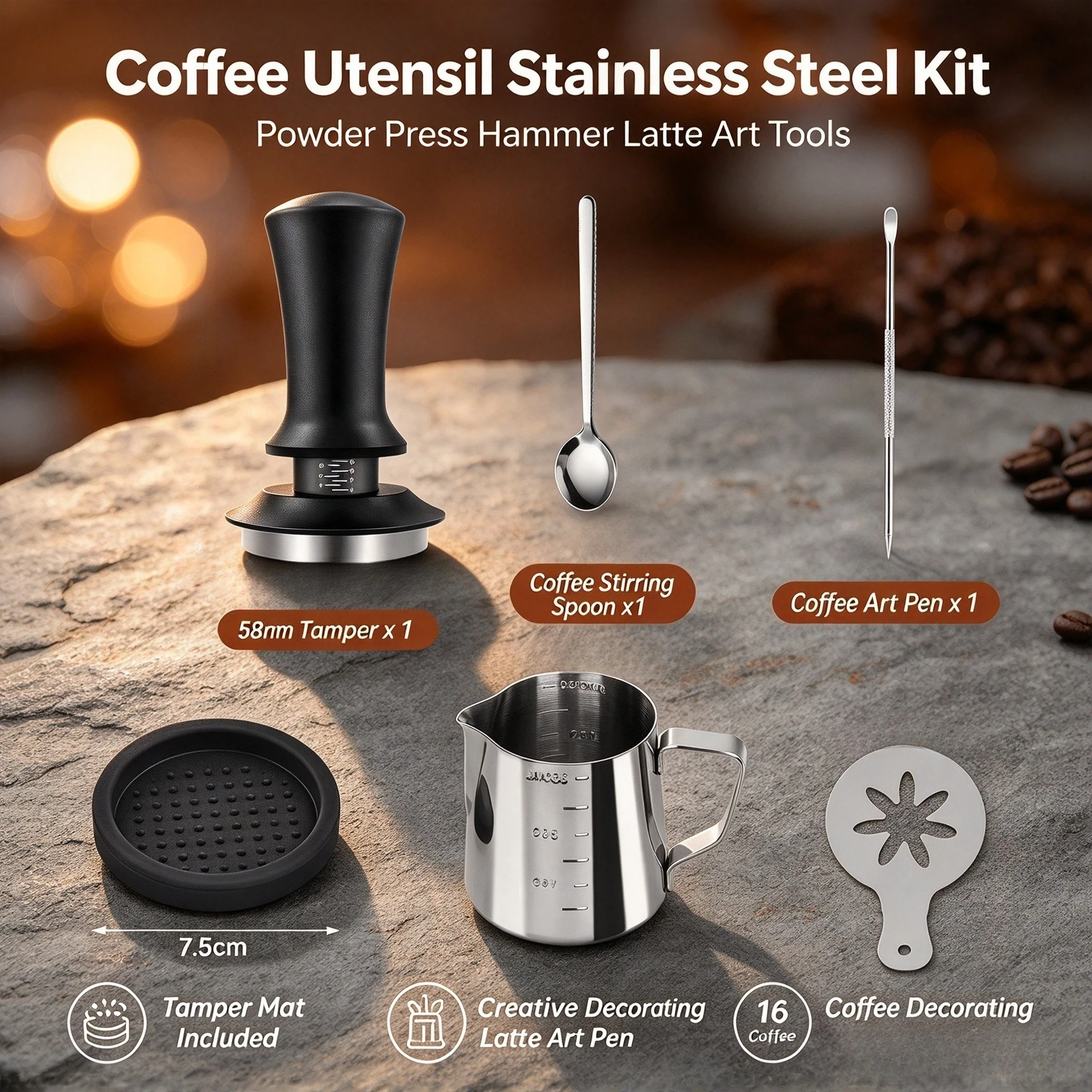 Coffee Utensil Stainless Steel Powder Press Hammer Loose Powder Needle Powder Ring Practical Professional Coffee Tools