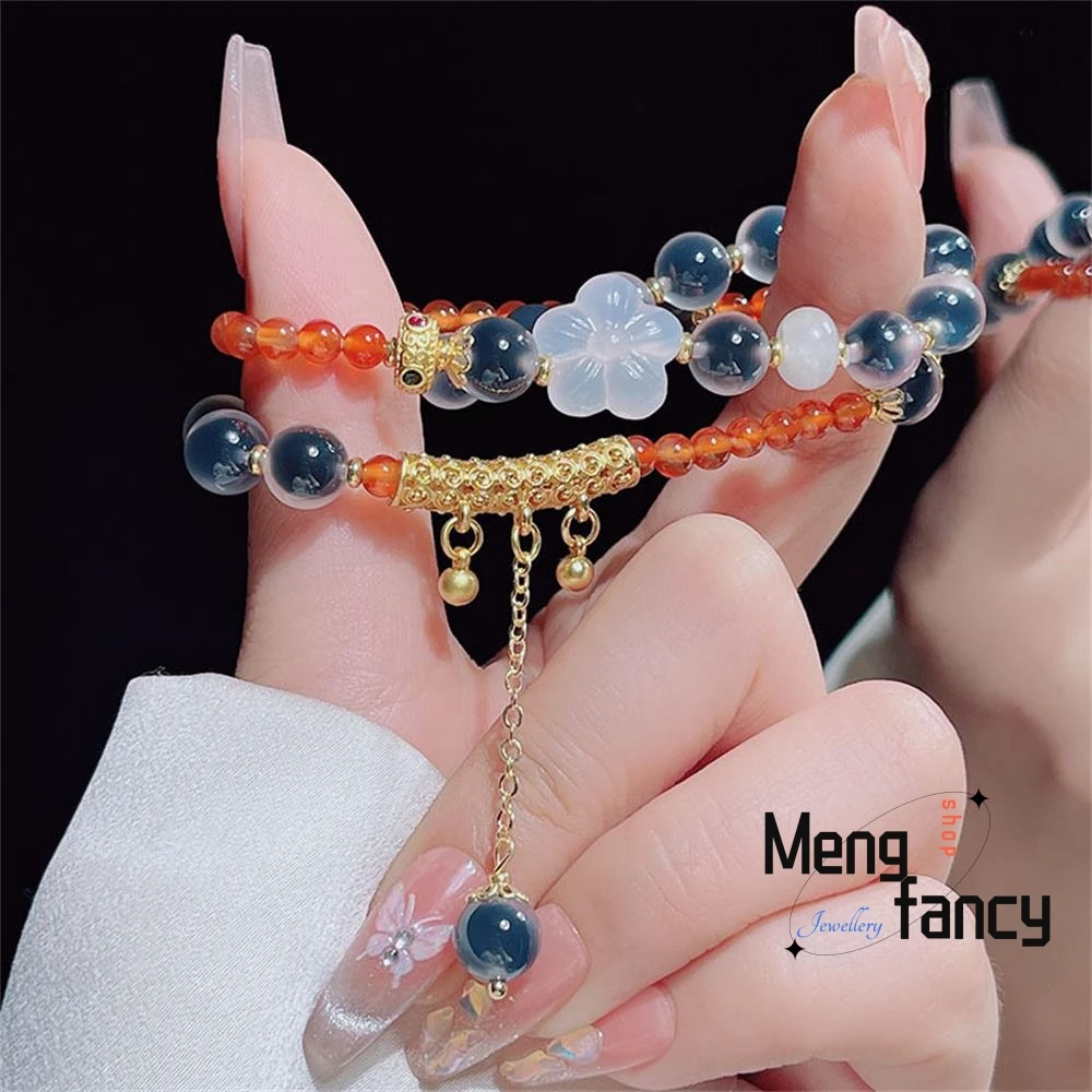 Natural New Double Circle Sugar Heart Agate Bracelet Female Chalcedony Flowers Design Models Ancient Style Jewelry Holiday Gifts