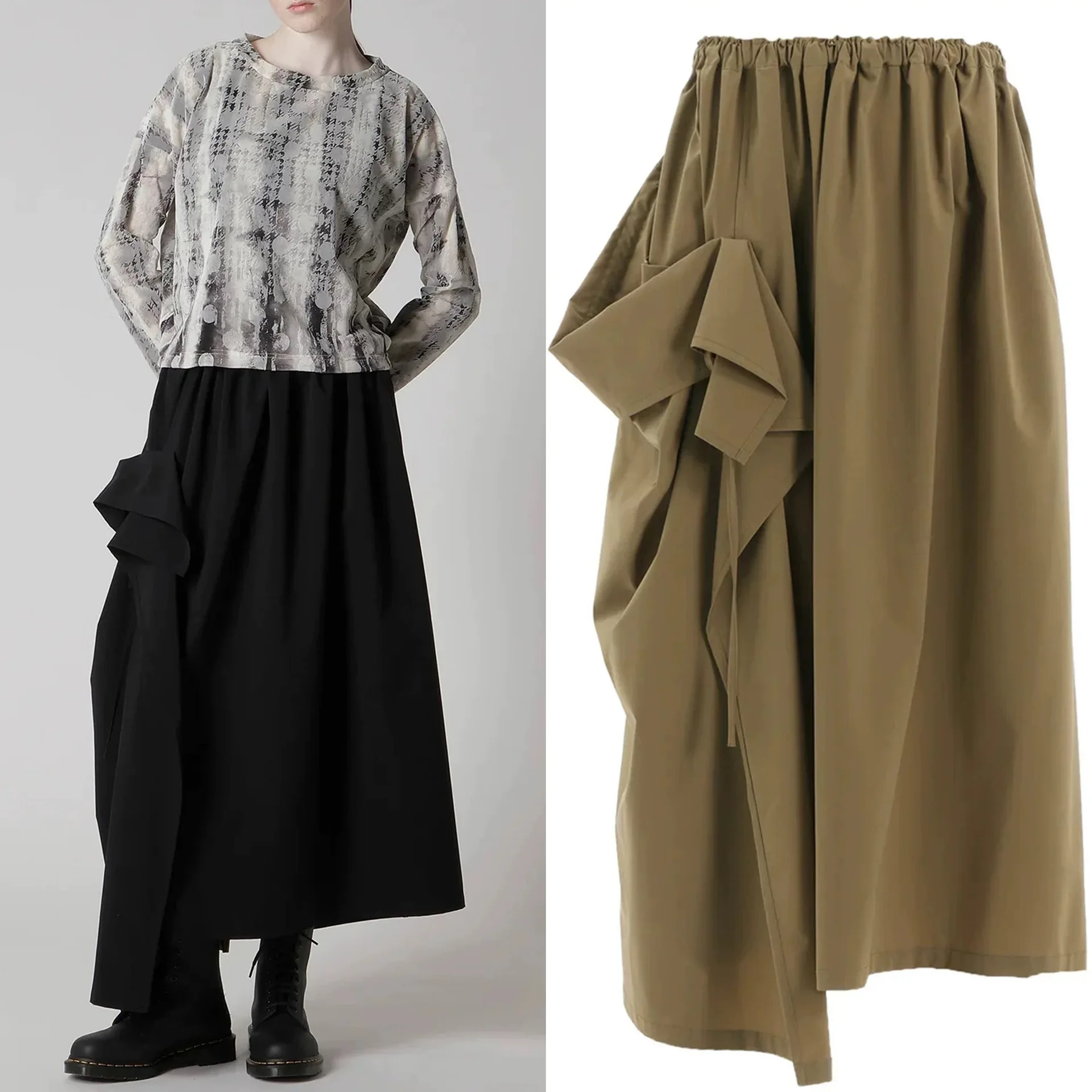 Spring and Summer Design Casual Style Asymmetric Large Pockets Mid-Length Skirt Loose Long Dress for Women y2k clothes