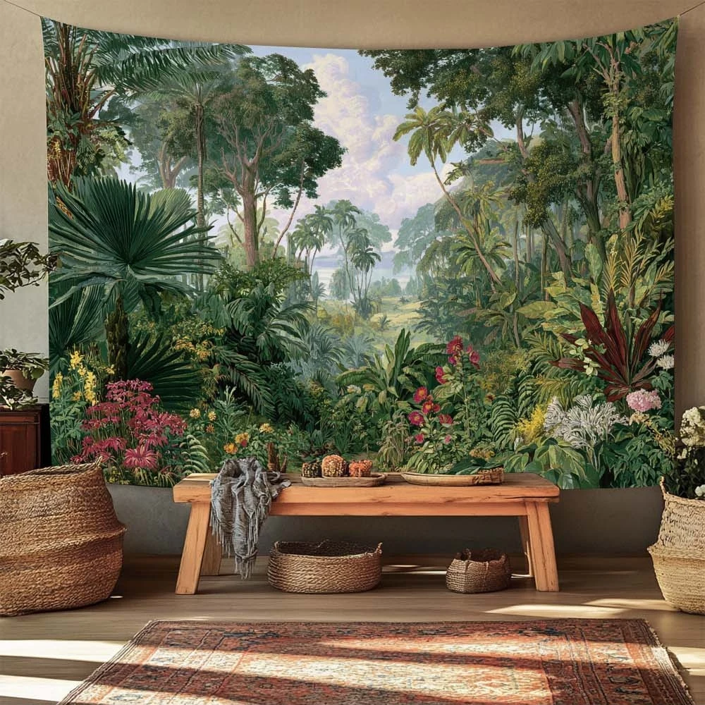 1pc Gran Tapiz de Selva Tropical para Pared - Diseño Bohemio con Hojas de Palma y Monstera, Escenario de Verdor - Manta Horizont