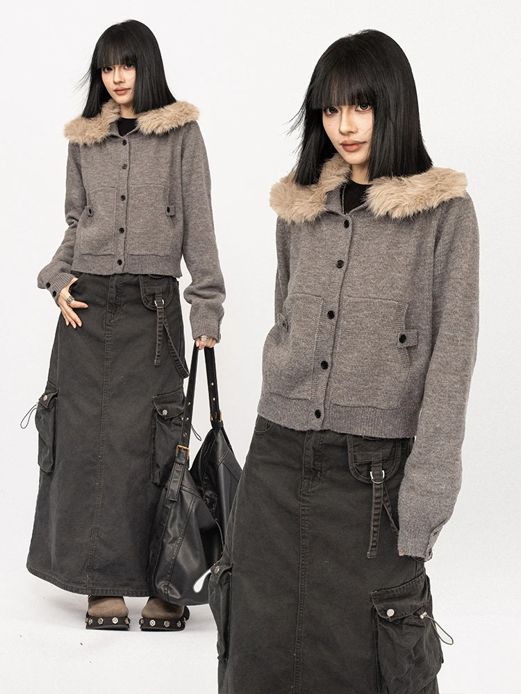 

OCTTFLAB American Retro Sle Women's Knitted ort Cardigan with Fur Collar Slim Fit Autumn Winter Inner Wear Sweater Coat