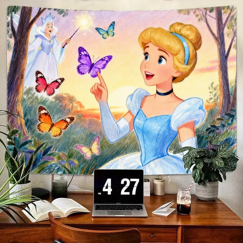 

1PC Cinderella & Fairy Godmother Magical Butterflies Fairytale Tapestry, Polyester Wall Art Aesthetic Room Decor for Girls Kids
