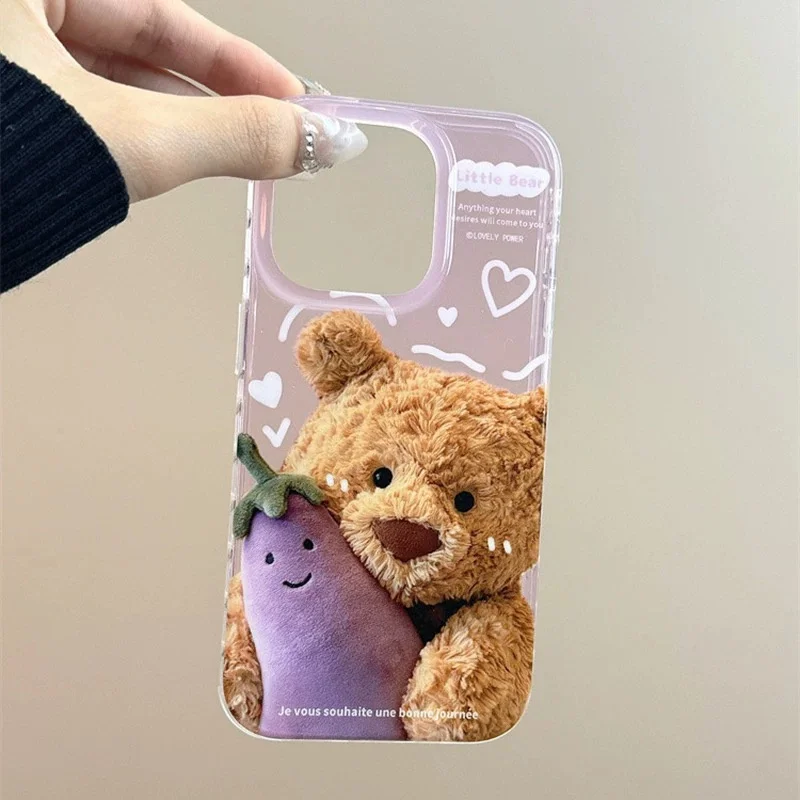 Large hole through eggplant Little Bear phone case suitable for iPhone 11 12 13 14 15 16 pro max