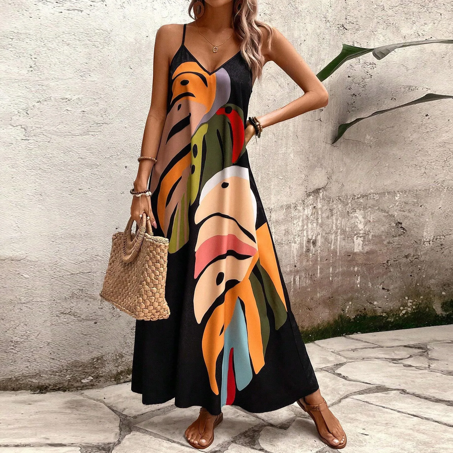 

Sexy Spaghetti Strap Beach Boho Long Dress Women Summer Deep V Neck Print Maxi Loose Casual Holiday Dresses For Women Robe Femme