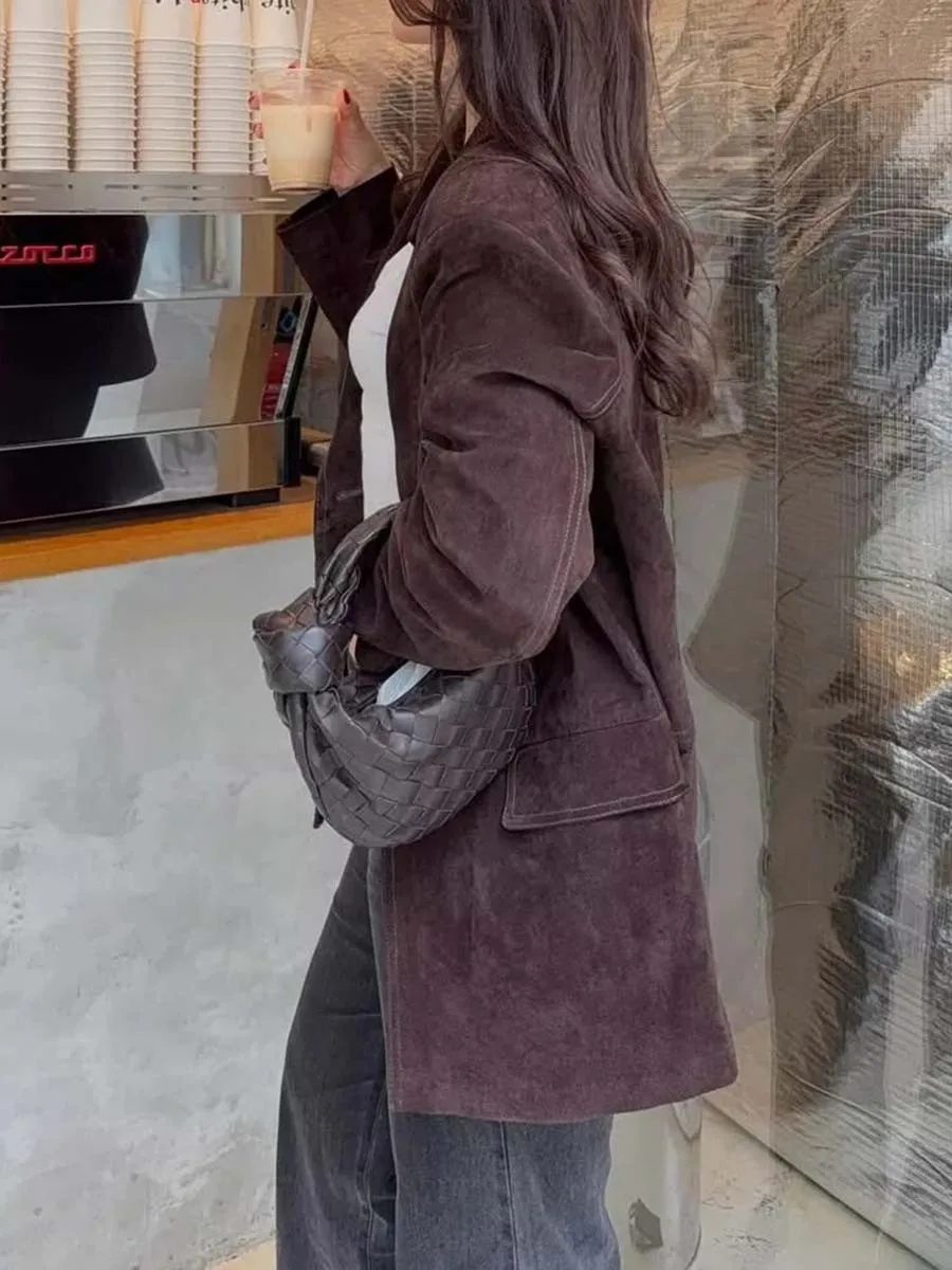 TWOTWINSTYLE Giacca in pelle scamosciata mallard retrò sottile per donna Colletto dentellato Manica lunga Cappotto con bottoni Pathwork Abbigliamento invernale femminile