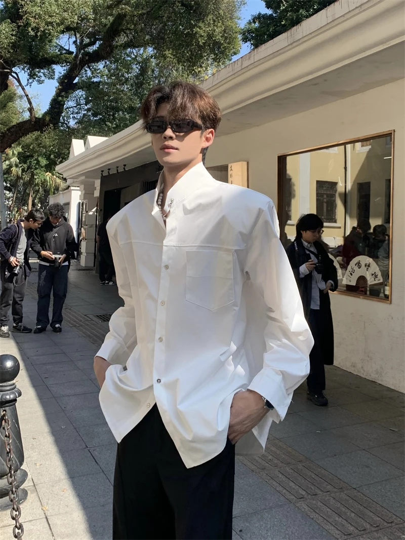Ace Tailors Men's Shirt Shoulder Pads Long Sleeve Stand Collar Slim Fit Pure Color High-End Feeling Citywalk Street Style Shirt