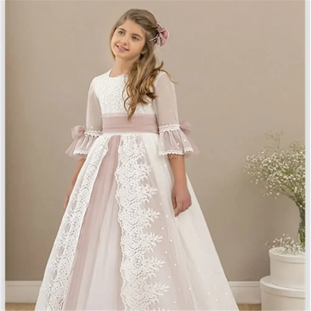 Pink Flower Girl Dresses Tulle Puffy Tiered Flory Pattern Long Sleeve For Wedding Birthday Party First Communion Gowns