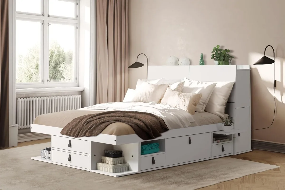 

Bali Storage Set Storage Platform Bed with Drawers Storage Headboard (Queen Size White Wood) BEST SET