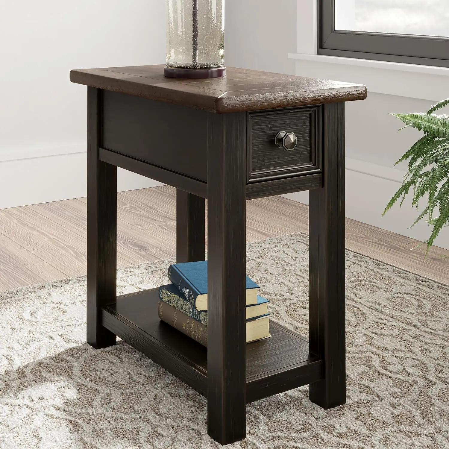 Signature Design by Ashley Narrow Side Table with Charging Station, Tyler Creek Chairside End Table, Wood, Smooth-Gliding Storag