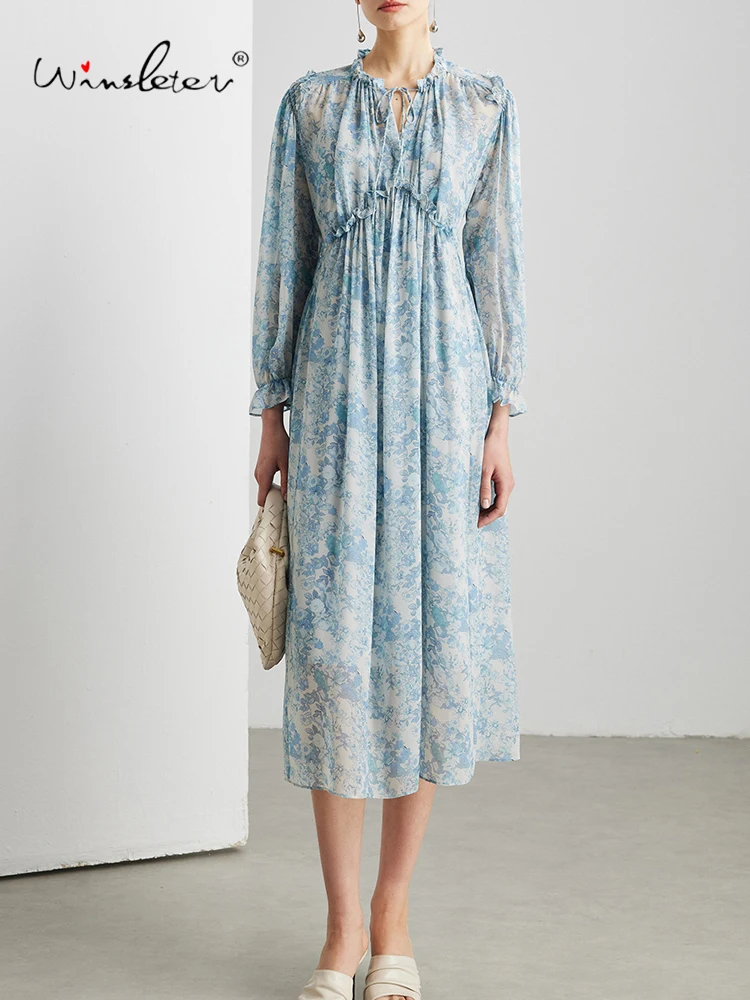 

Winsleter-100%Real Silk Elegant Dress, Ruffled Flare Sleeve Print, Women French Commute Two-piece Dresses, 2026 Summer D63612CC