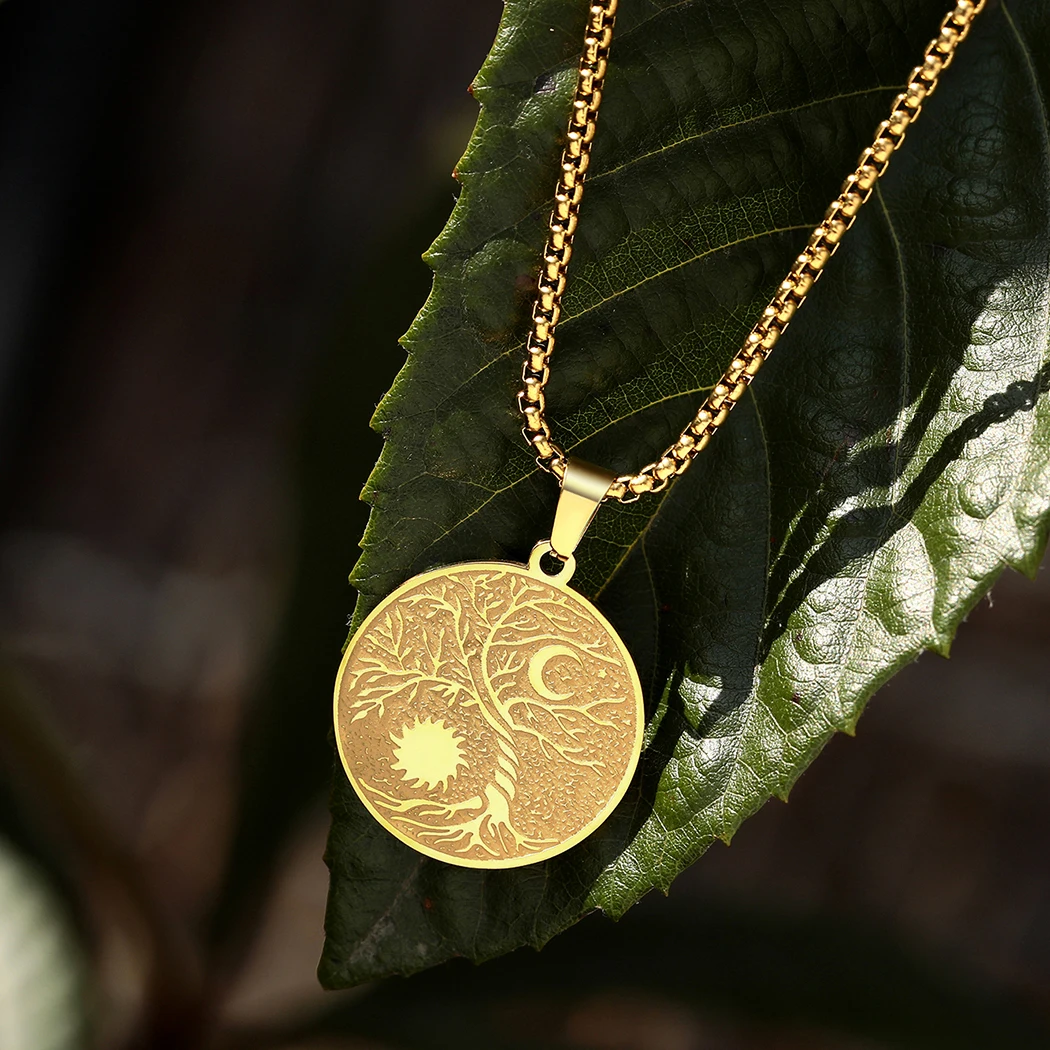 

Chandler Wicca Yin-Yang Moon & Sun Tree of Life Pendant with Black Leather Necklace for Women Men