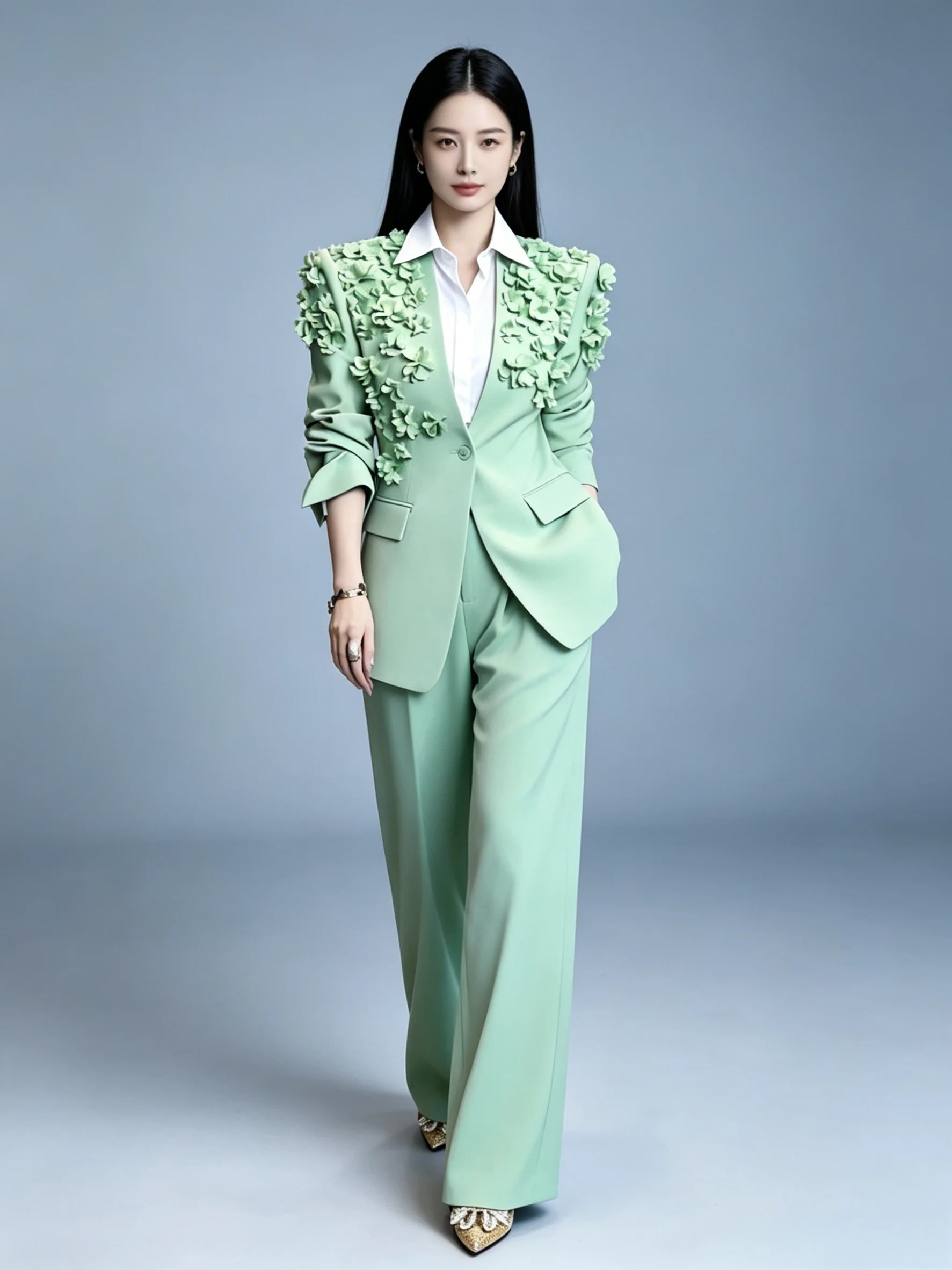 Elegant Fashionable Women's Suiting Two-Piece Set with 3D Floral Design Slim Fit Commute Appropriate High Waist Pants