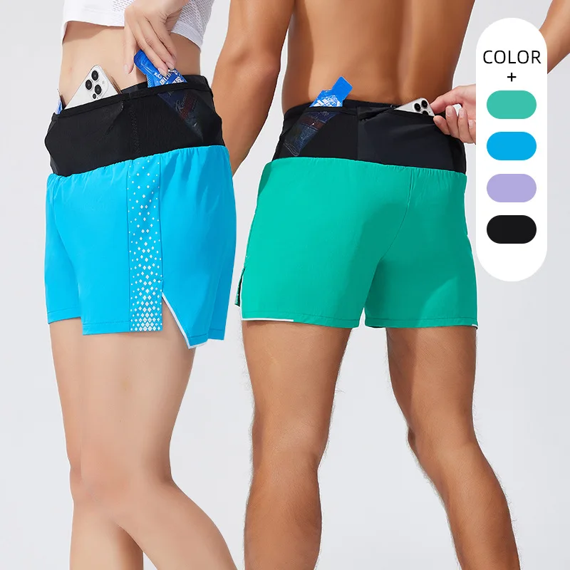 Men's Sports Shorts Woman Summer Double Deck Marathon Running Shorts with Waist Pockets Workout Clothes Fitness Gym Sportswear