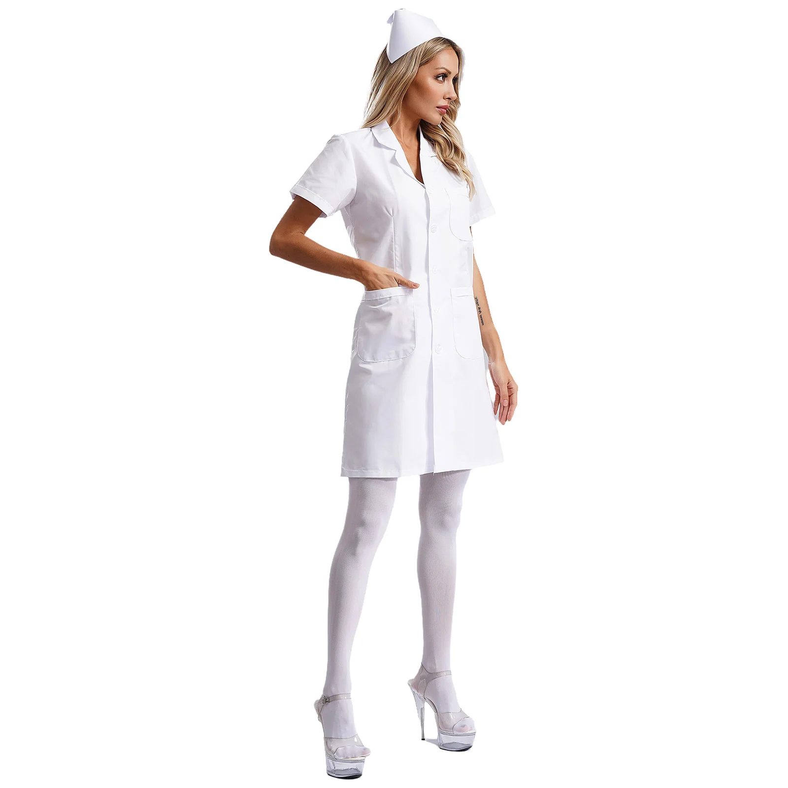 Women Purity White Nurse Doctor Hospital Working Outfit Dress Costume Short Sleeve Dress with Pantyhose Stockings And Hat Set