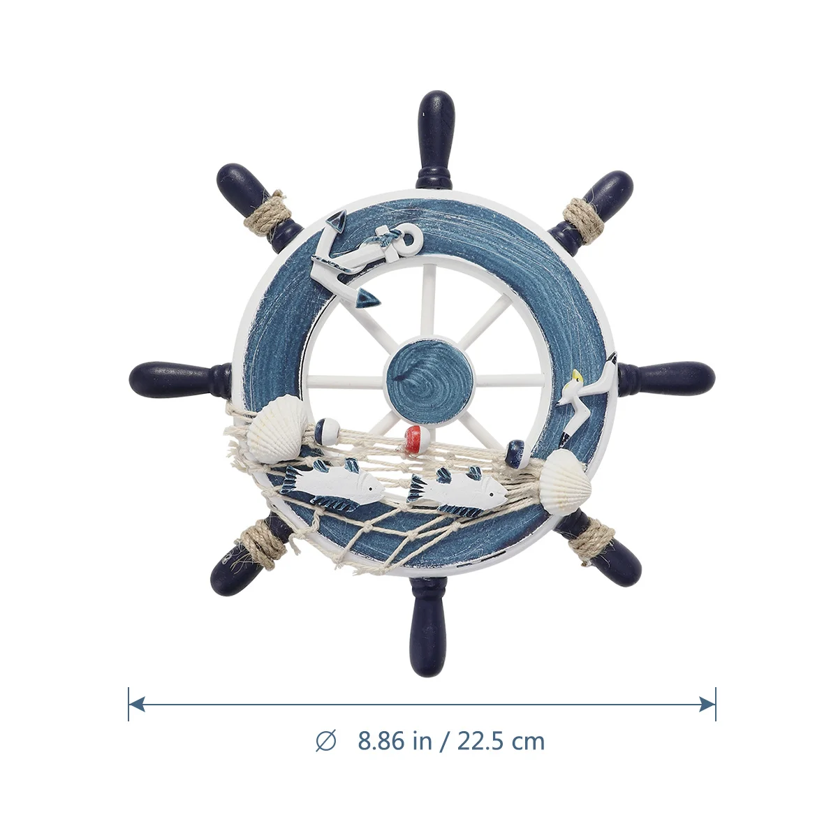 

Wooden Ship Steering Wheel Blue 23cm Nautical Wall Hanging Beach Decor Fishing Net Shells Rope Rudder Wall Decoration