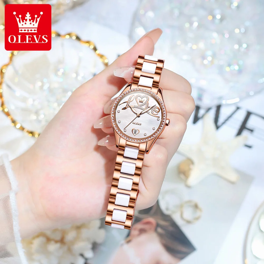 OLEVS Brand Fashion Diamond Design Mechanical Watch for Women Luxury Ceramic Strap Waterproof Luminous Calendar Womens Watches