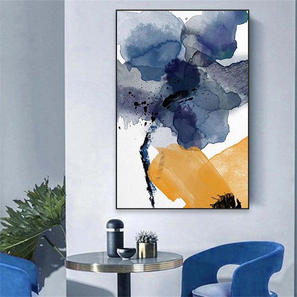 Watercolor Abstract Blue Yellow Daisies Poster Flower Print Floral Botanical Large Canvas Painting Modern Bedroom Wall Decor