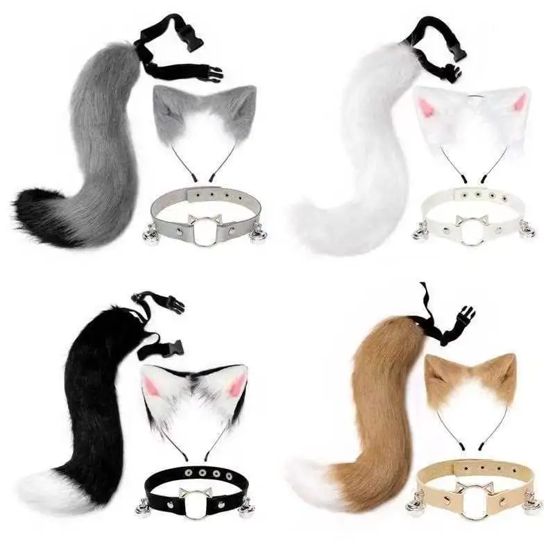 New Halloween Party Cosplay Simulation Fox Tail Plush Fox Ears Hair Band Adjustable Leather Neck Set Kawaii Accessory Dress Up