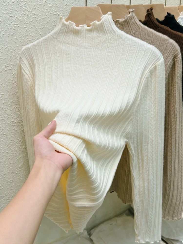 Korean Turtleneck Ruffle Women's Knit Sweater 2026 Autumn Winter Long Sleeve Pullover Casual Versatile Inner Layering Basic Top