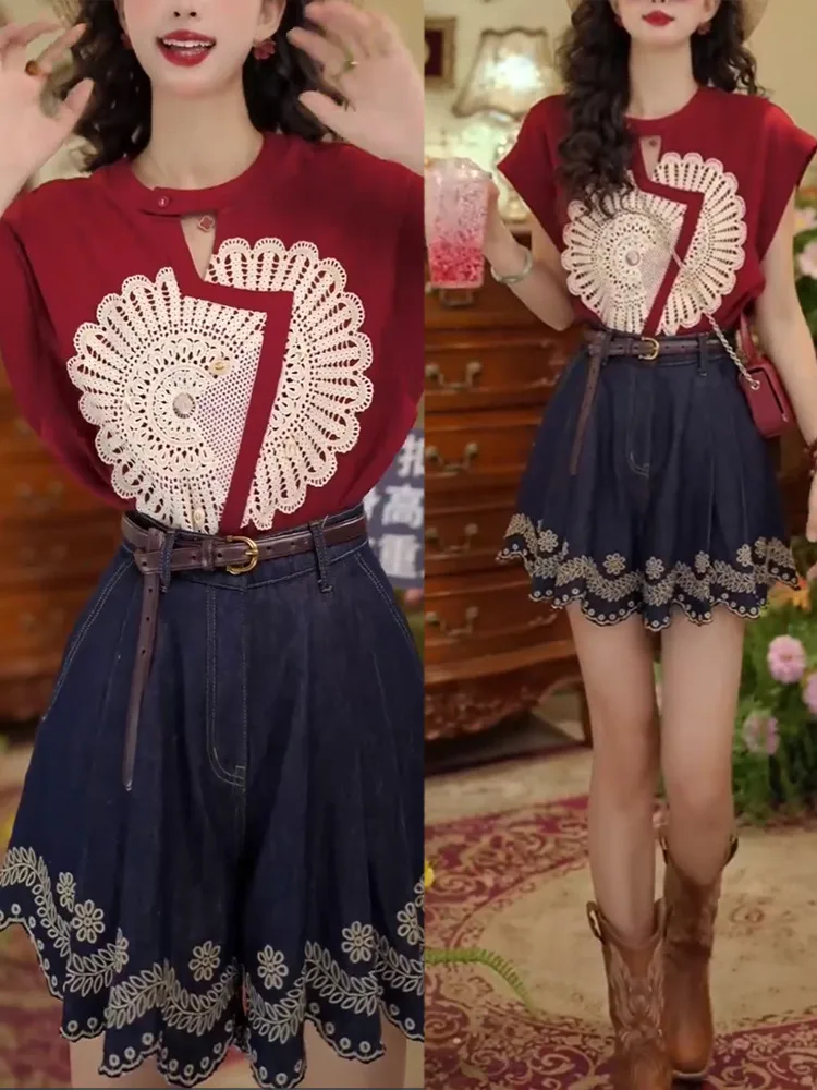

2025 new women summer retro lace splicing hollow out short sleeved t-shirt embroidered denim shorts fashion two-piece set