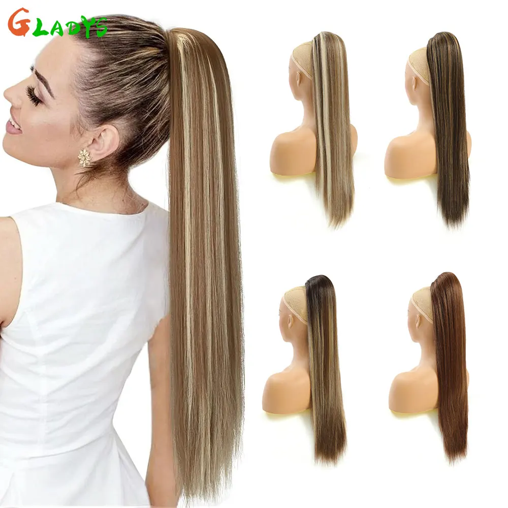 

28inch PonyTail Hairpieces Synthetic Long Straight Drawstring Ponytail Extensions Ponytails Extension 35A Brown Ponytail