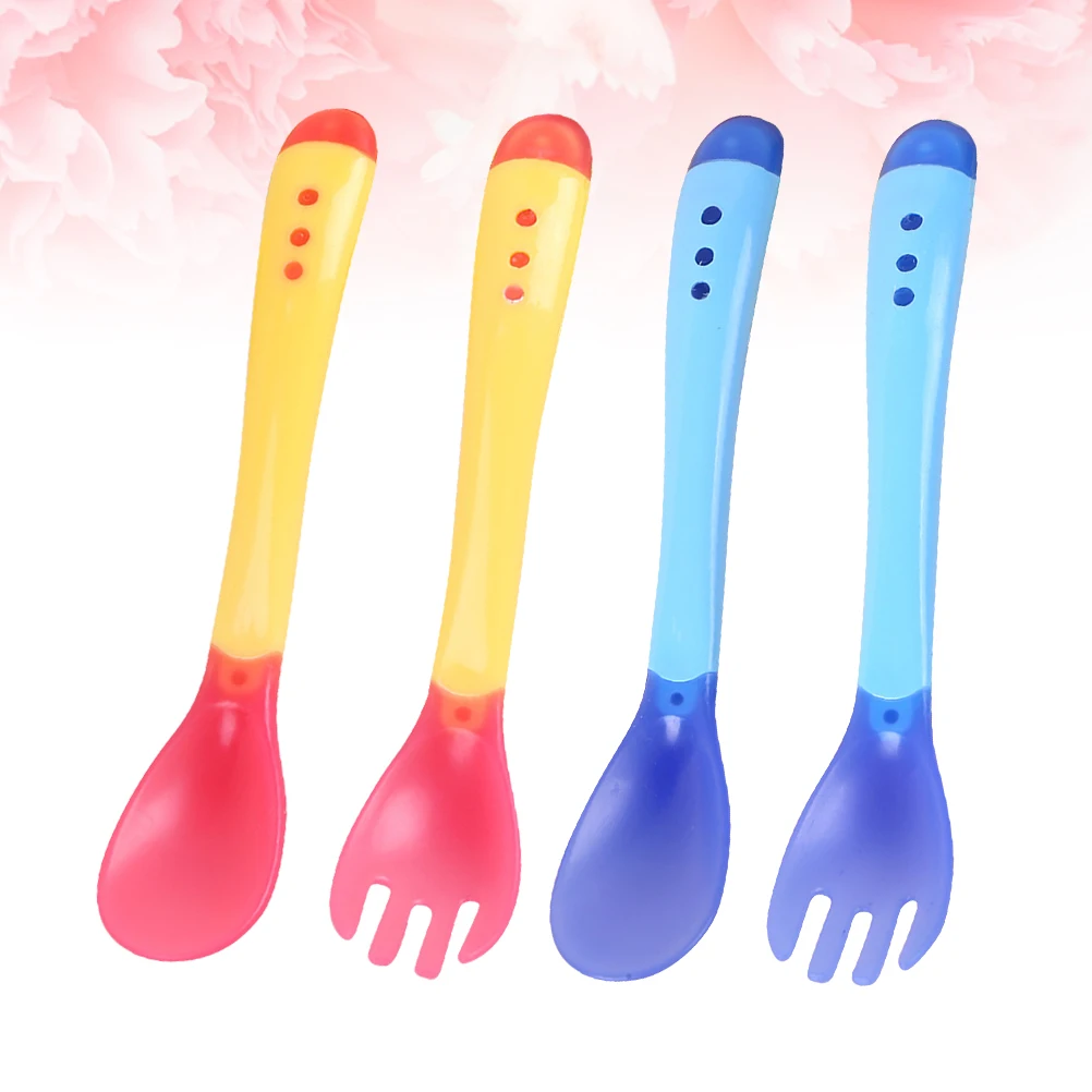 

4 шт., вилка для кормления детей, набор ложек, датчик температуры, изменение цвета, 43C, безопасный, экологически чистый материал премиум-класса, желтый, синий