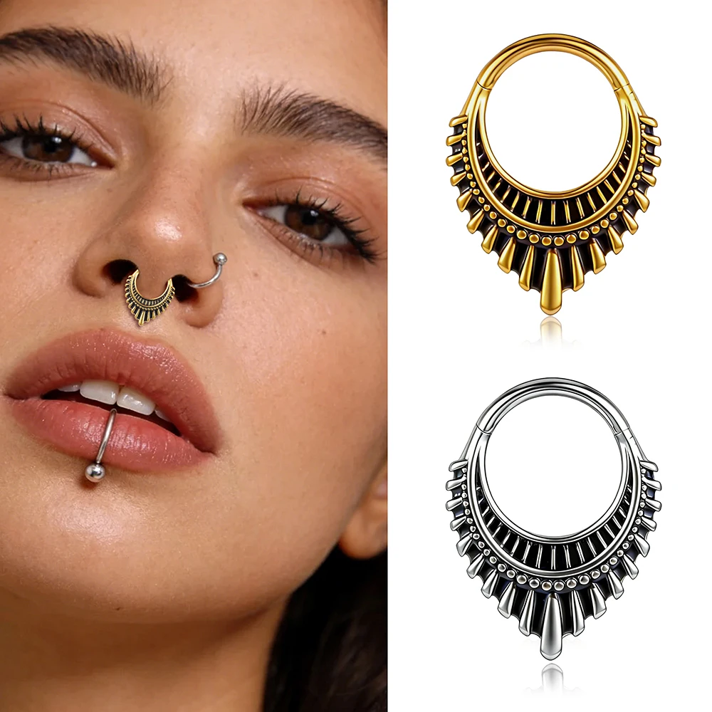 Doearko1pc Tribal Crescent Septum Nose Ring Vintage Sunburst Cuff Nose Hoop Hypoallergenic 316 Stainless Steel Ethnic Jewelry