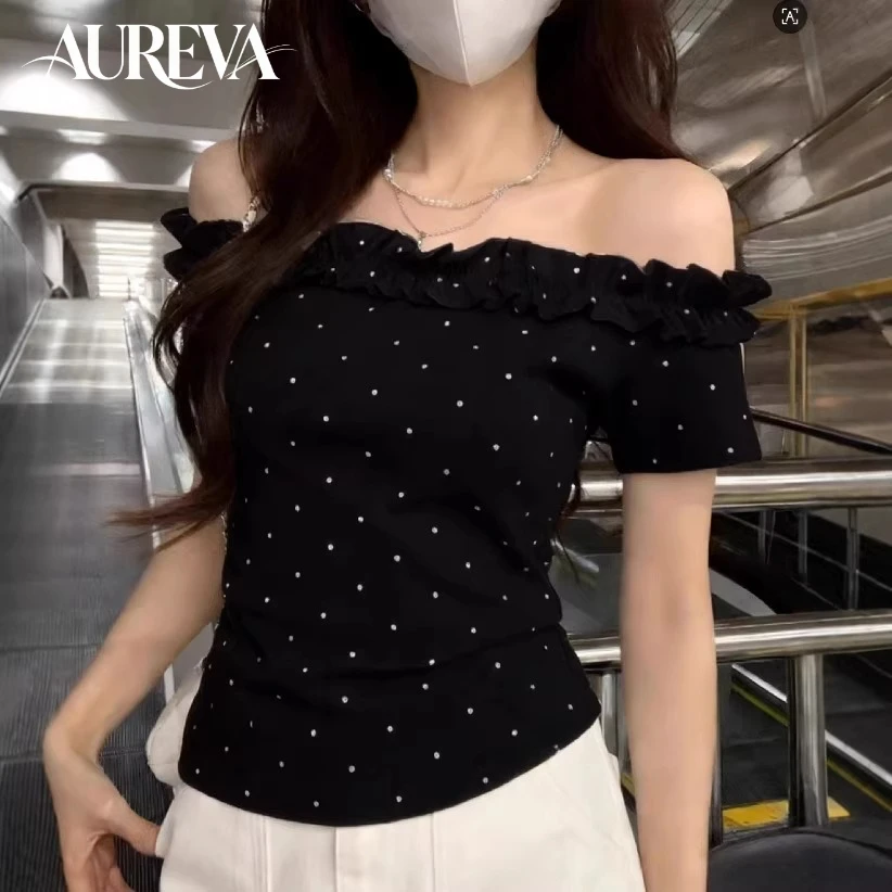 Off Shoulder Ruffle Collarbone Polka Dot Short Sleeve T Shirts For Women Y2K Slim Basic Blouses Fashion Spicy Girl Daily Tops