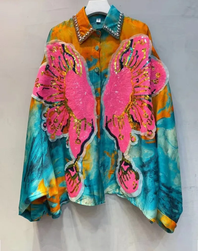 Retro Floral Printed Crystal Sequined Blouses Flowers Pattern Rhinestones Beaded Shirts Bat Sleeve Diamonds Cardigan Tops Blusas