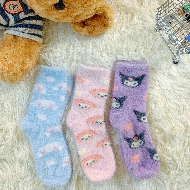 Sanrio Characters Thicked Plush Socks Kawaii Kuromi My Melody Cinnamoroll Children Autumn Winter Warm Socks Jk Girl Accessory