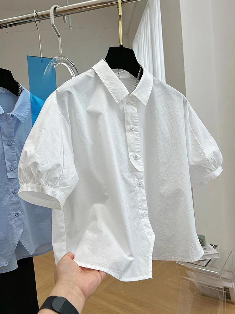 2024 Spring/Summer Korean New Preppy Style Bubble Sleeve Shirt Vintage Top Fashion Casual Loose Short Shirt