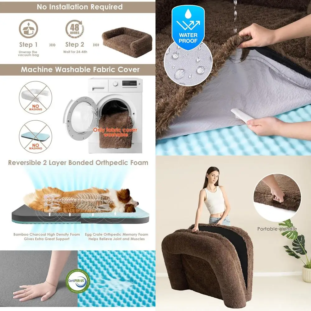 

Orthopedic XXL Faux Fur Dog Bed, 54x38x7.5, Large Memory Foam Pet Couch, Washable Sofa with Non-Slip Base, Brown
