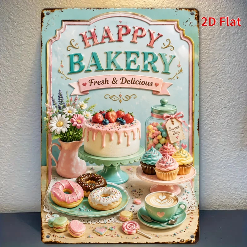 2D Flat - [2Dflat], 1pc 11.81X7.87inch Happy Bakery Sign, Retro Pastry Shop Decorative Sign, Colorful Wall Art for Kitchen, Cafe