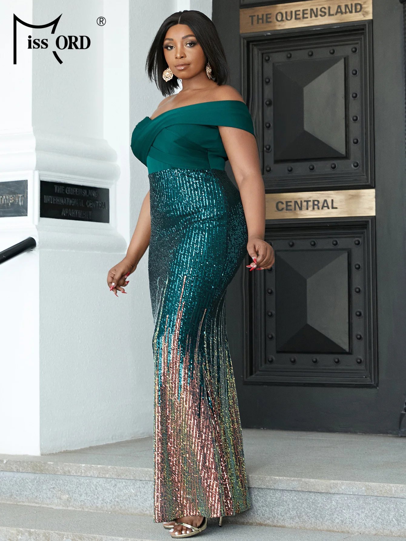 Missord Green Plus Size Evening Dress Women Elegant Off Shoulder Short Sleeve Sequin Bodycon Party Prom Formal Dresses Long Gown