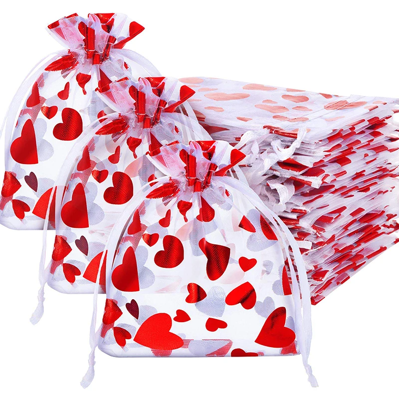 20/50pcs Red Love Heart Organza Drawstring Bag Gift Candy Bag Wedding Valentines Day Birthday Party Decor Packaging Supplies