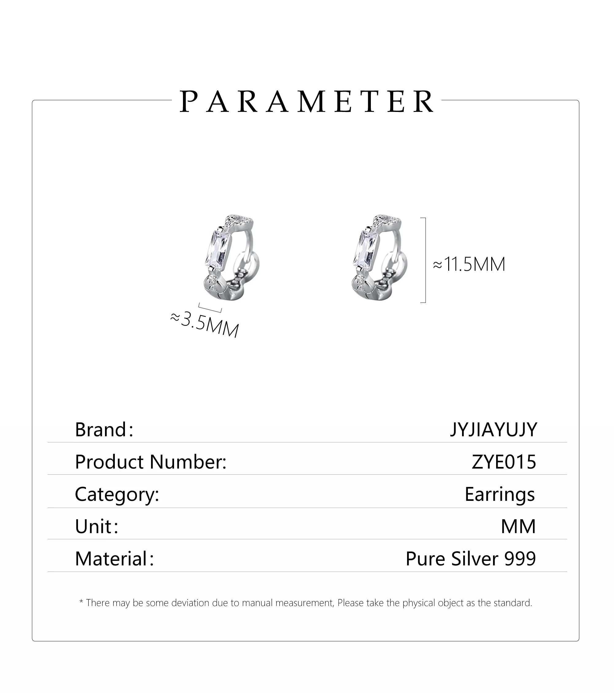 JYJIAYUJY 100% Pure Silver S999 Hoop Earrings With White Zircon 11.5MM Size High Quality Fashion Jewelry Gift Daily Use ZYE015
