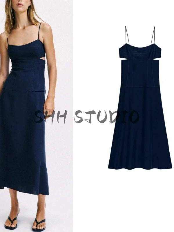 Women's A-Line Midi Dress Straight Collar Open Design Halter Neck Gored Skirt High Waist Soft Georgette Summer Casual Dress