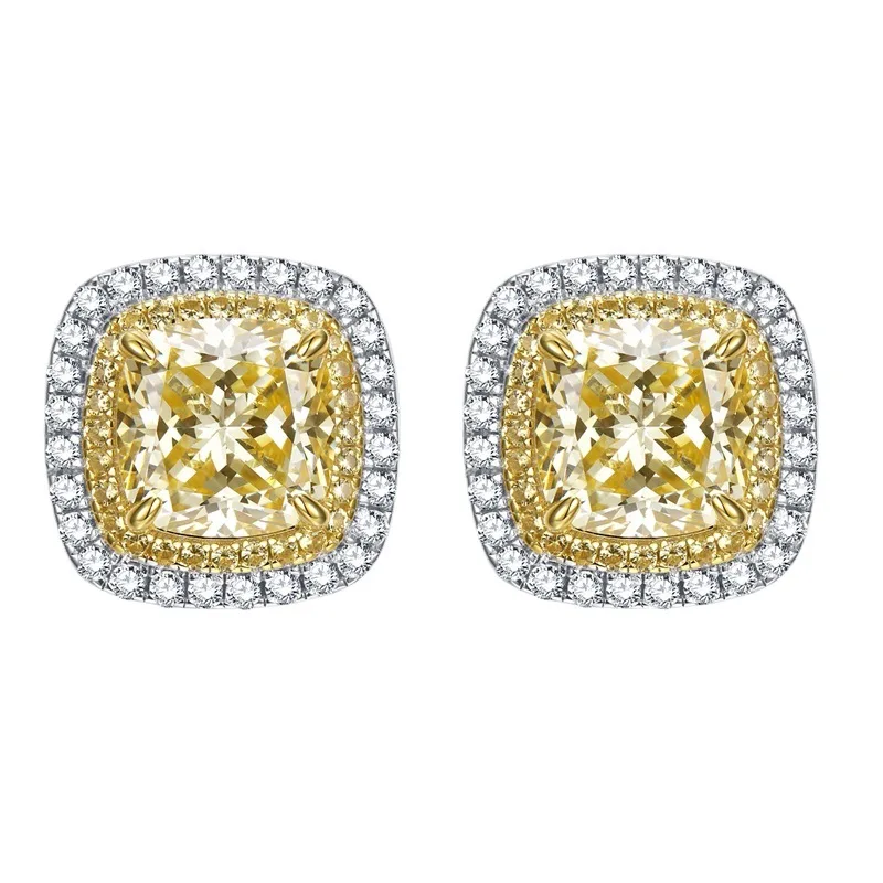 925 Silver 8 * 8 Fat Square Yellow Diamond High Carbon Diamond S925 Silver Ear Dings European and American Cross border Platinum image 4