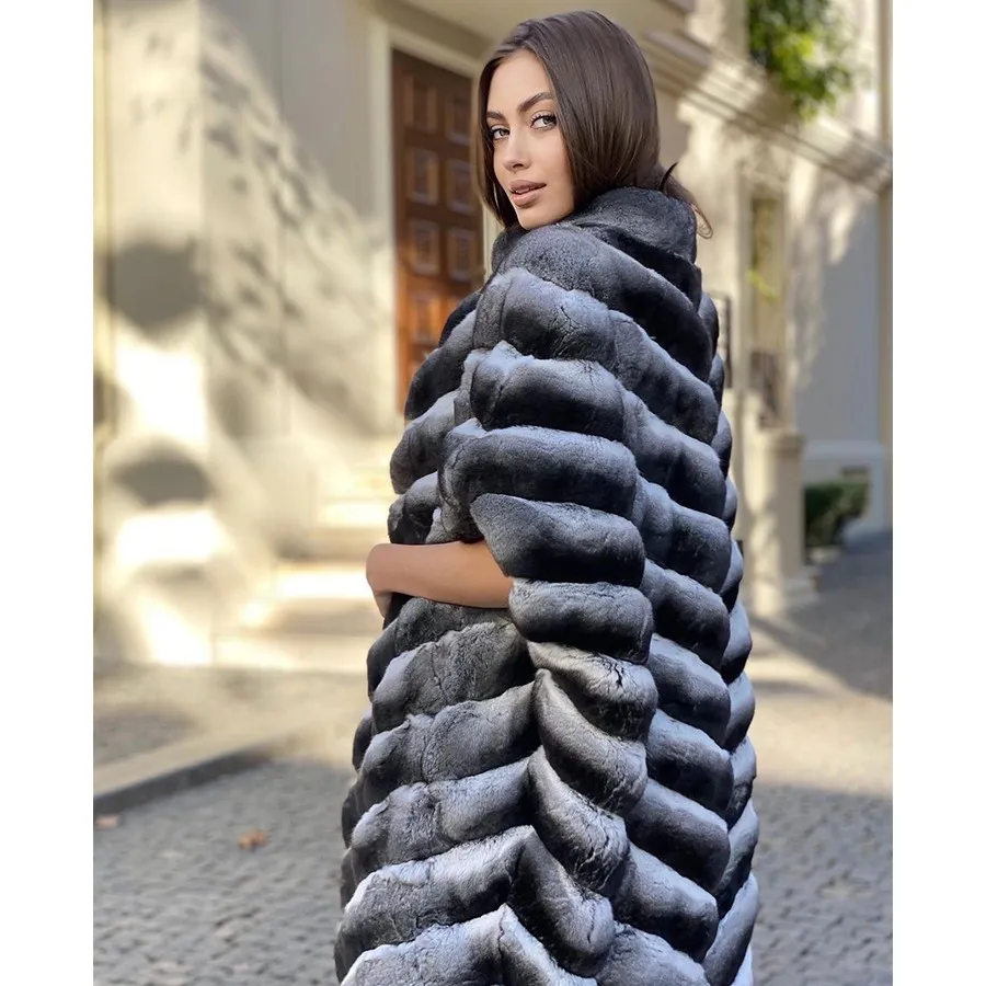 Real Rex Rabbit Fur Vest Women Chinchilla Fur Coats Mid-Length Best Seller 2024 Natural Fur Jacket Women's Winter Coat