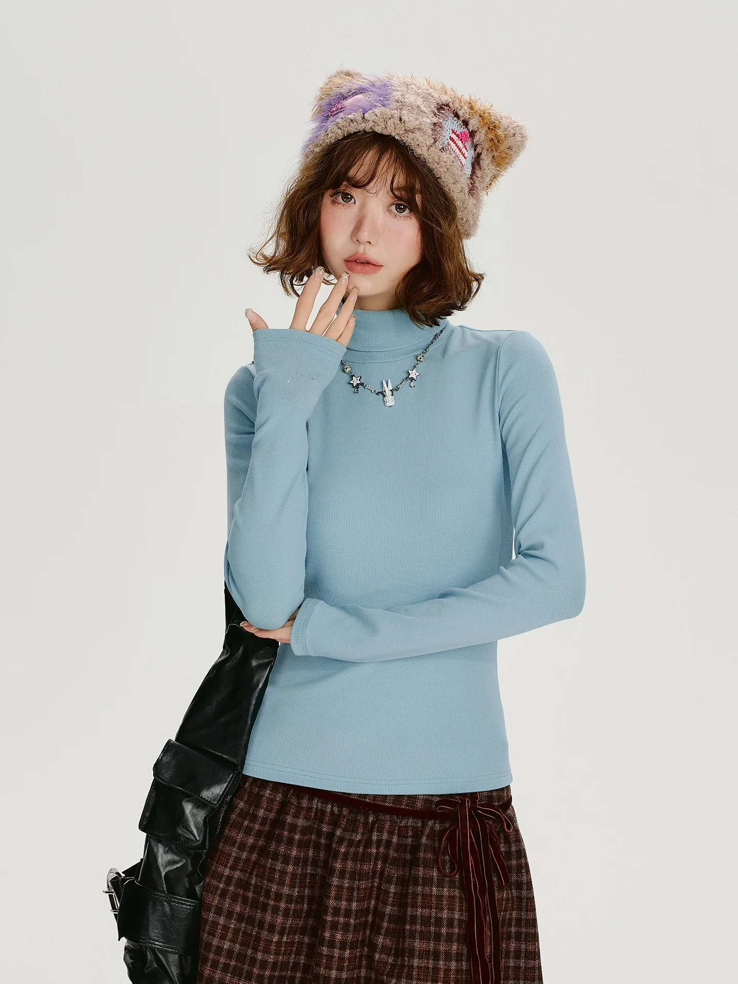 T-shirt lunga Sve girly americana retrò a collo alto da donna Autunno Nuovo strato base dimagrante ricamato Top