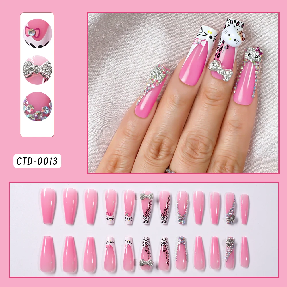 24 stuks lange doodskist nagelpatches luipaardpatroon Franse schattige hellokitty metalen diamant 3D boog draagbare nagels voor dagelijks en feestkleding