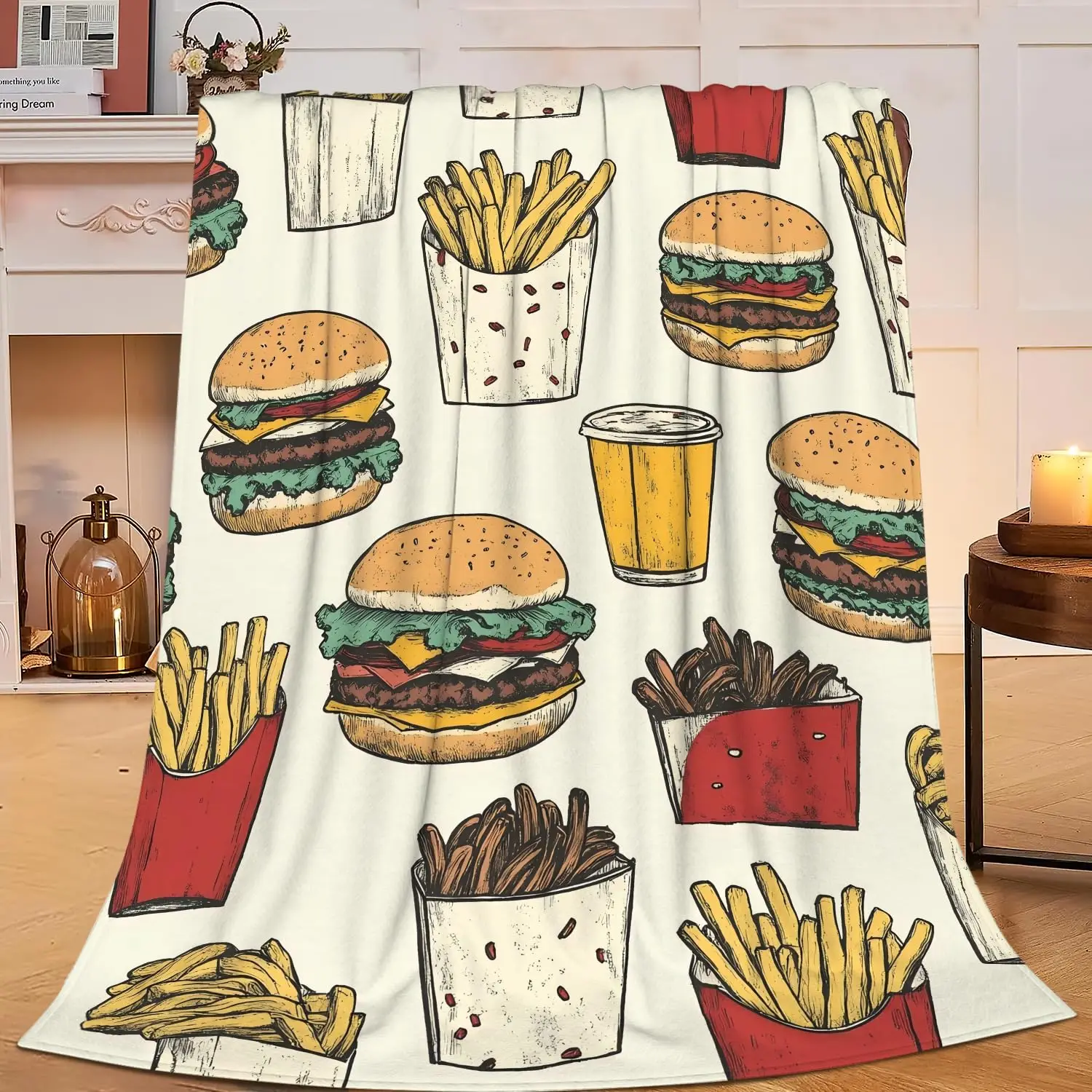 Funny Hamburger Blanket Burger Gift for Women Girls,Fast Food Blankets Cute Hamburger Pattern Throw Blanket for Bed Office Sofa