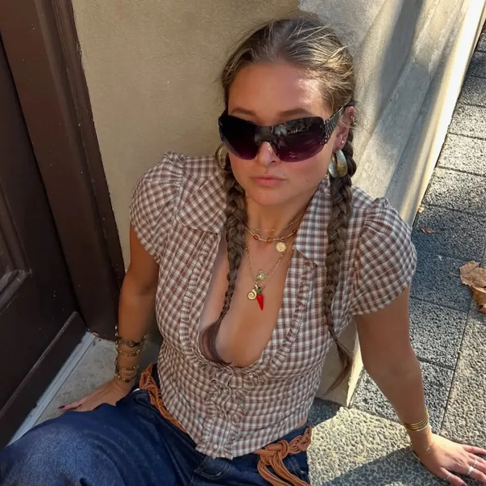 

Retro Fungus Checkered Cotton Shirt Spring and Summer Women Fashion Turndown Collar Daily Office Music Festival Beach Casual Top