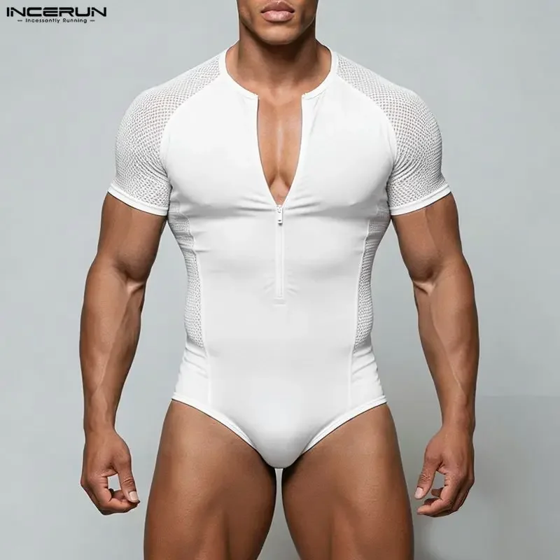 

Мужские боди INCERUN: Сетчатые, с пэчворком, прозрачные, на молнии, с круглым вырезом, с коротким рукавом, комбинезоны, сексуальные, модные, 2026