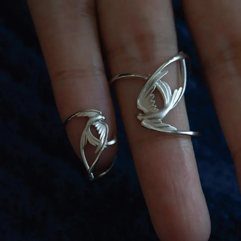 New Hollow Swallow Bird Adjustable Open Cocktail Ring Earrings for Women Girls Creative Trendy Dainty Statement Rings Love Gift