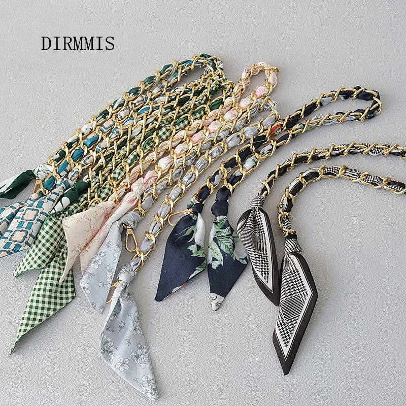 New Fashion Brand Woman Handbag Accessory Chains Detachable Floral Print Metal Silk  Shoulder Strap Women DIY Chain Bag Handles
