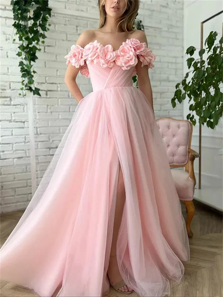 Tulle Flower Pink Graduation Dresses With Handmade Flowers Pleats Side Split Floor-Length Evening Dress Classy Party Prom Gowns