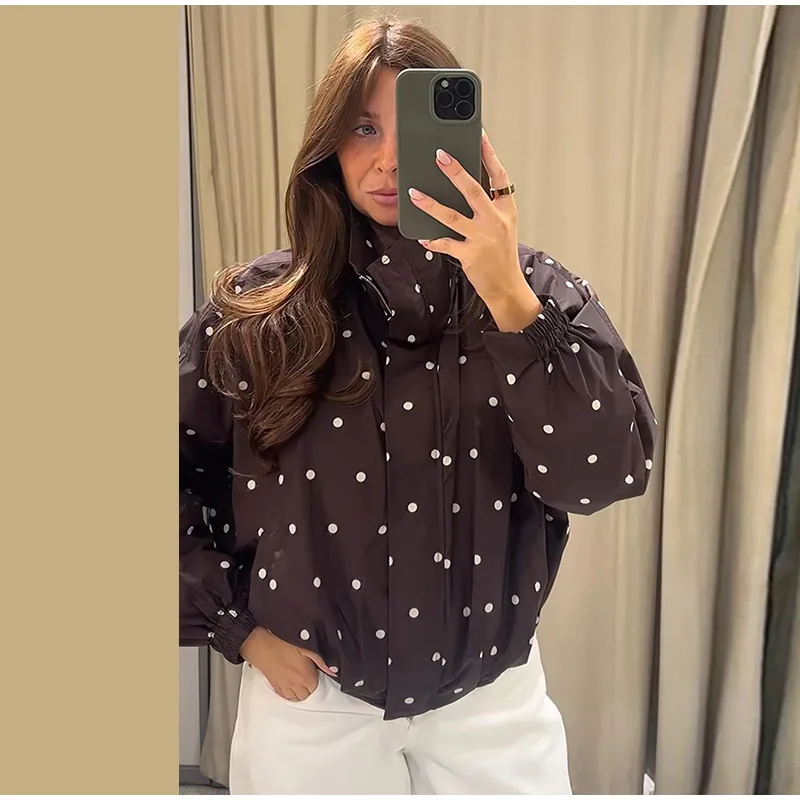 Damen Oversize-Mäntel mit Polka-Dot-Muster, Stehkragen, Langarm, Reißverschluss, Bomberjacken, Herbst, Damen, geraffte, lockere Jacke, neue Oberbekleidung – Detail 12