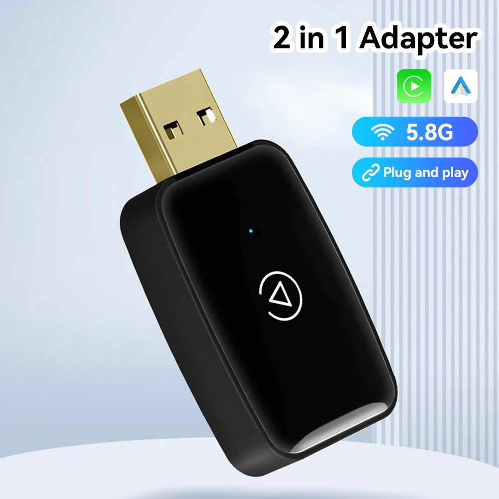 2 em 1 mini adaptador carplay sem fio caixa inteligente automática plug and play usb TYPE-C bluetooth 5.0 wifi 5.8g para apple ios e android